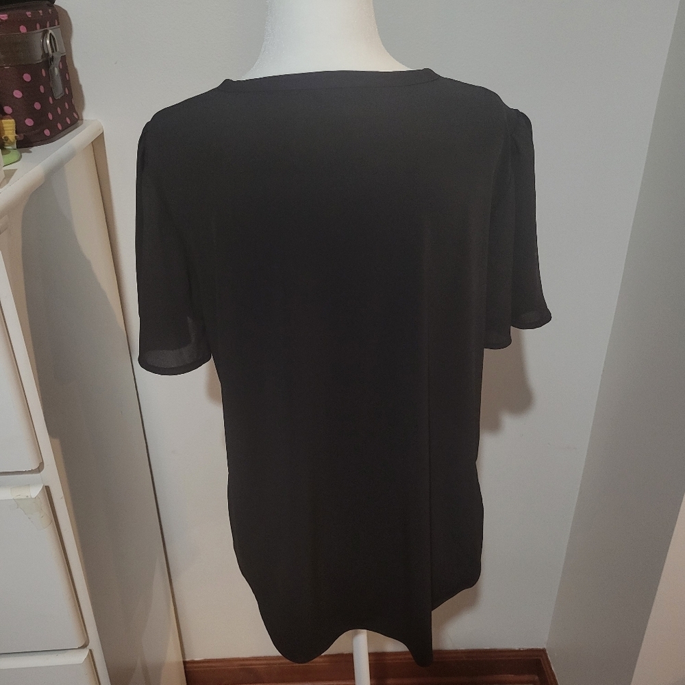 Ann Taylor Solid Black Babydoll Cap Sleeve Sheer Front Blouse Button Up | Small - Picture 5 of 7